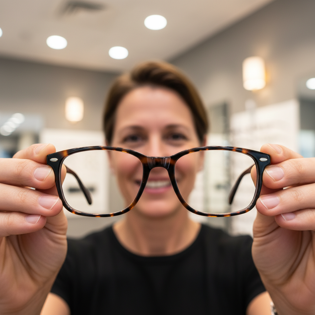 An optician helps a client with Thyroid Eye Disease choose a pair of deep, flattering eyeglass frames.