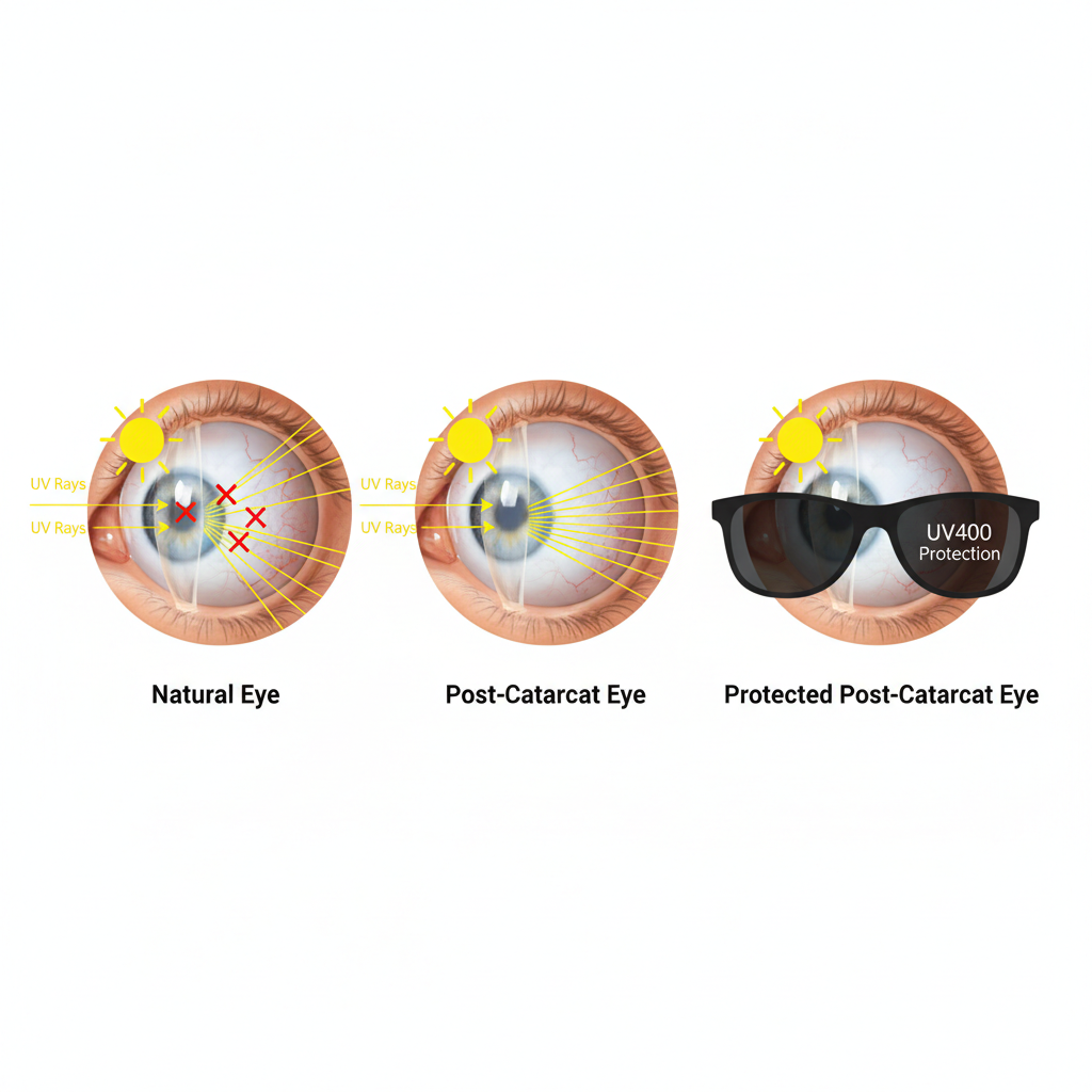 A diagram showing three eyes. The first, labeled "Normal Eye," shows UV rays being partially blocked by the natural lens. The second, "Post-Cataract Eye," shows an artificial lens (IOL) allowing some UV rays to pass through to the retina. The third, "Protected Post-Cataract Eye," shows the IOL plus sunglasses with a "UV400" label, completely blocking all UV rays from entering the eye.