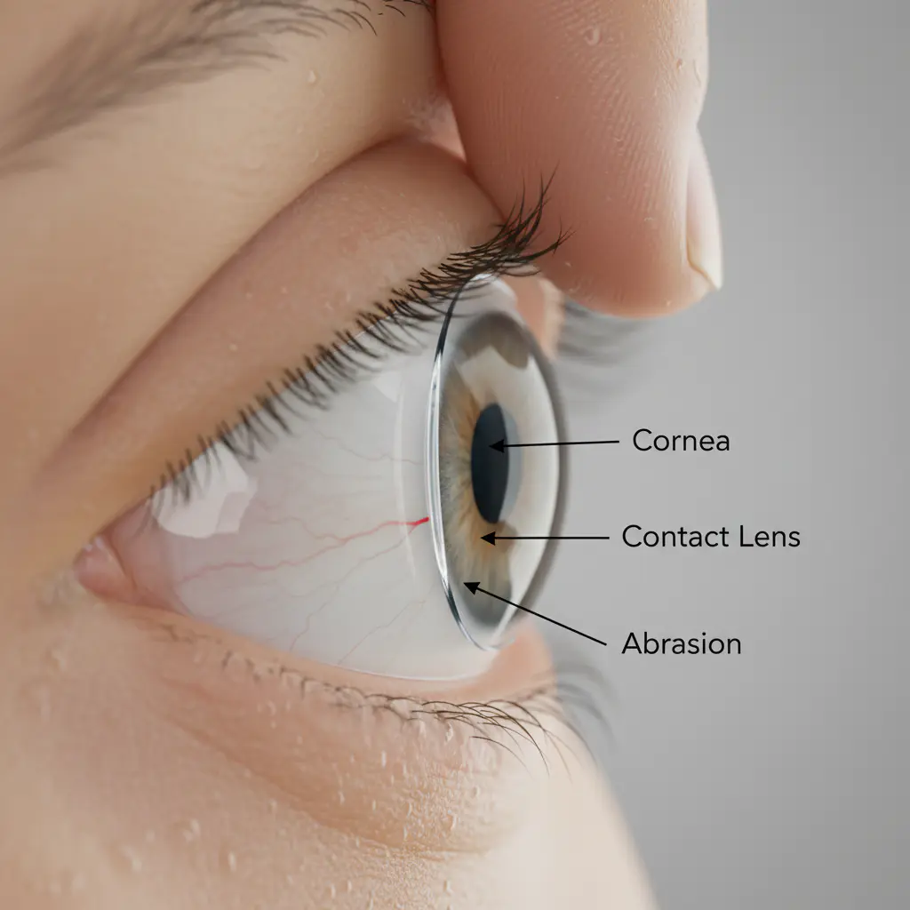 A medical illustration showing a cross-section of an eye with a contact lens. A finger is shown rubbing the eyelid, causing the edge of the contact lens to create a small scratch or abrasion on the surface of the cornea, highlighted in red to show the damage.
