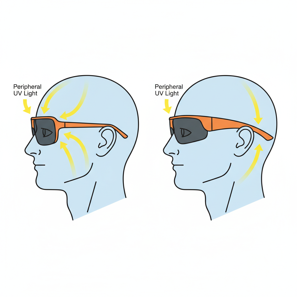 A diagram illustrating how wraparound frames offer superior protection by blocking peripheral UV light.