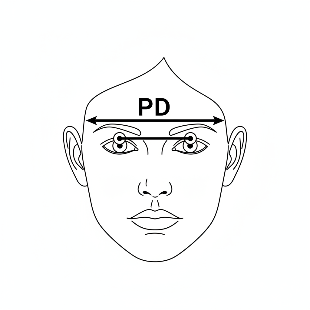A clear diagram illustrating how pupillary distance (PD) is measured between the centers of a person's pupils.