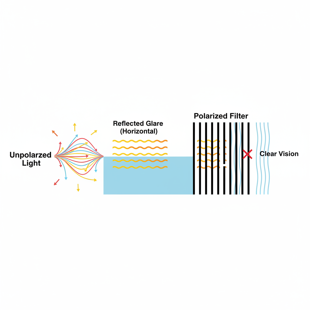 A diagram illustrating how a polarized lens filter blocks horizontal glare while allowing vertical light to pass through for clear vision.