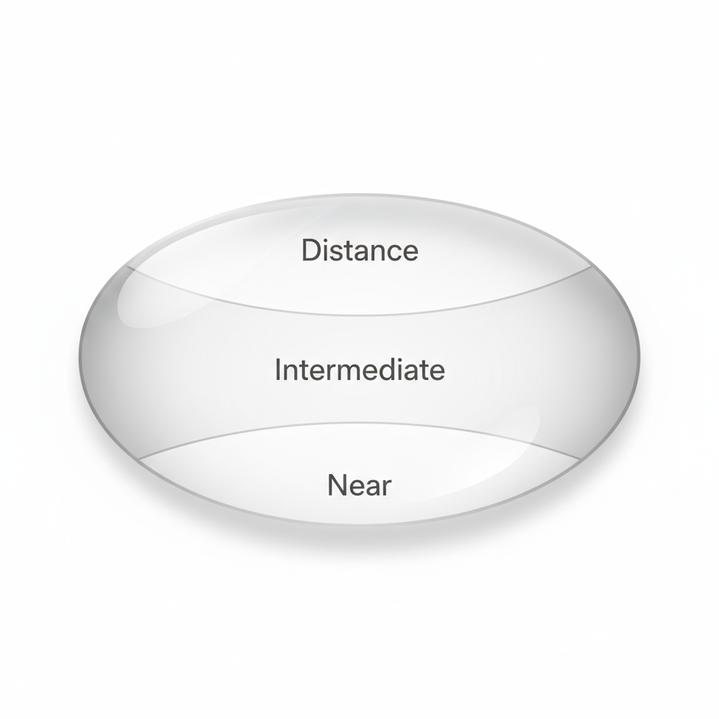 An illustration of a progressive lens, showing the seamless central corridor for distance, intermediate, and near vision, with shaded areas indicating peripheral distortion.