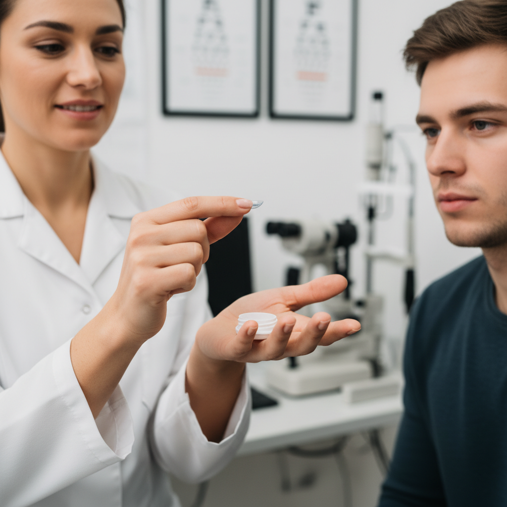 An optometrist carefully showing a patient how to handle a daily disposable contact lens in a bright, professional clinic setting.
