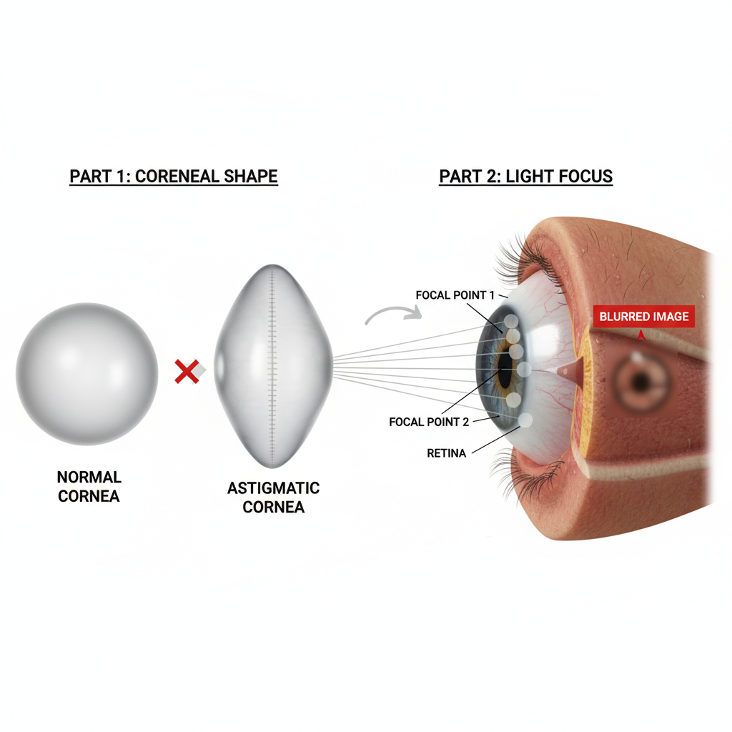 Diagram showing how an irregularly shaped cornea in astigmatism causes light to focus on multiple points, resulting in distorted vision.