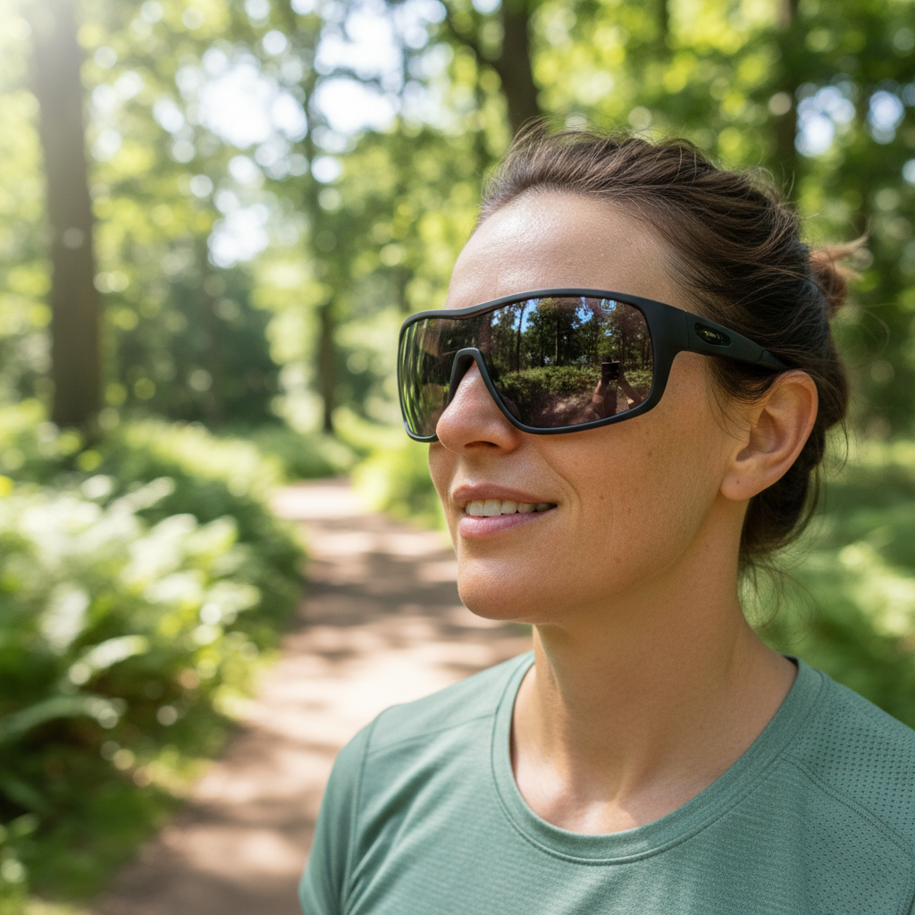 A person wearing large, protective wraparound sunglasses, demonstrating effective eye protection from peripheral UV light.