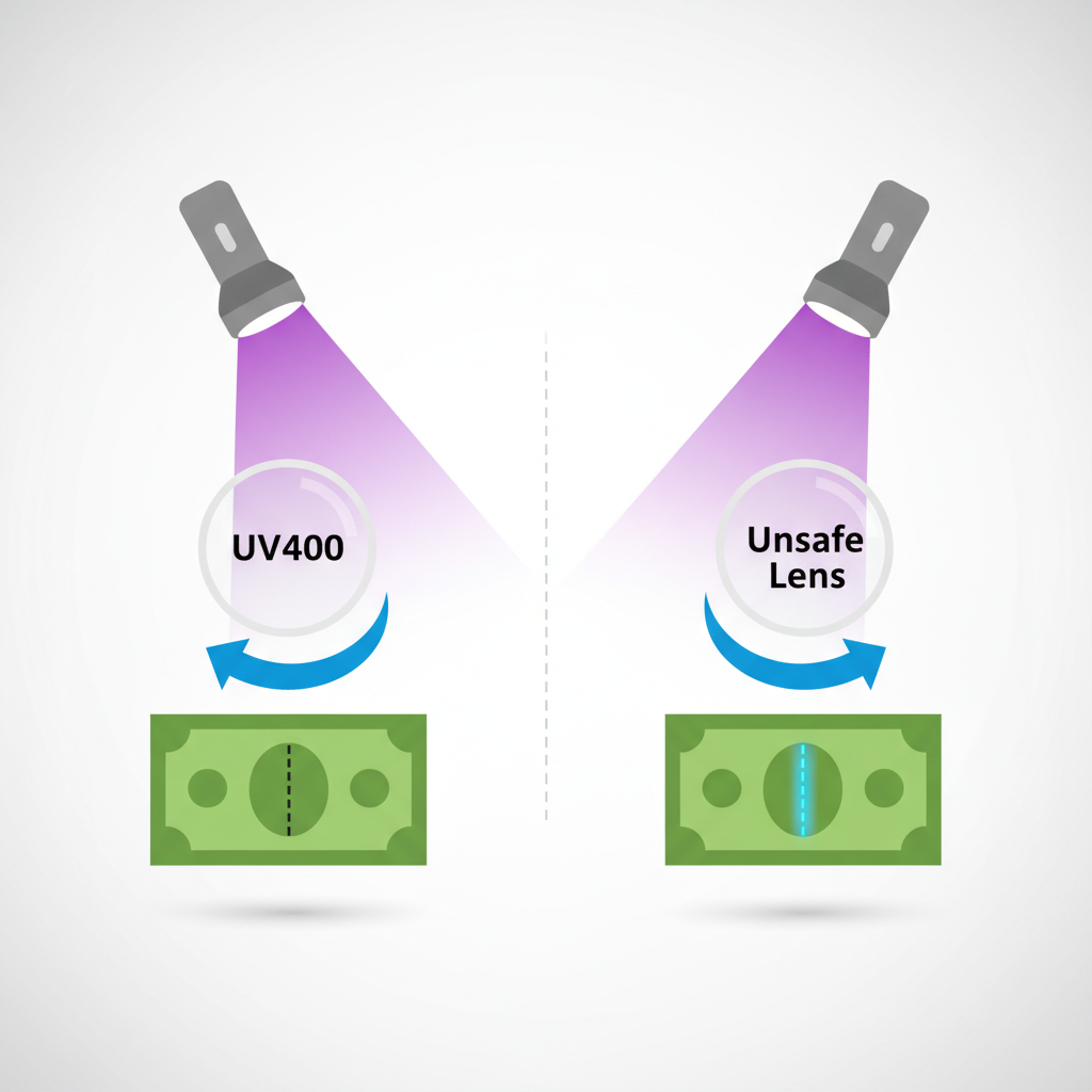 A diagram showing how a UV flashlight shines through a UV400 lens, failing to make a fluorescent mark on a banknote glow, while light through a non-UV lens makes it glow brightly.