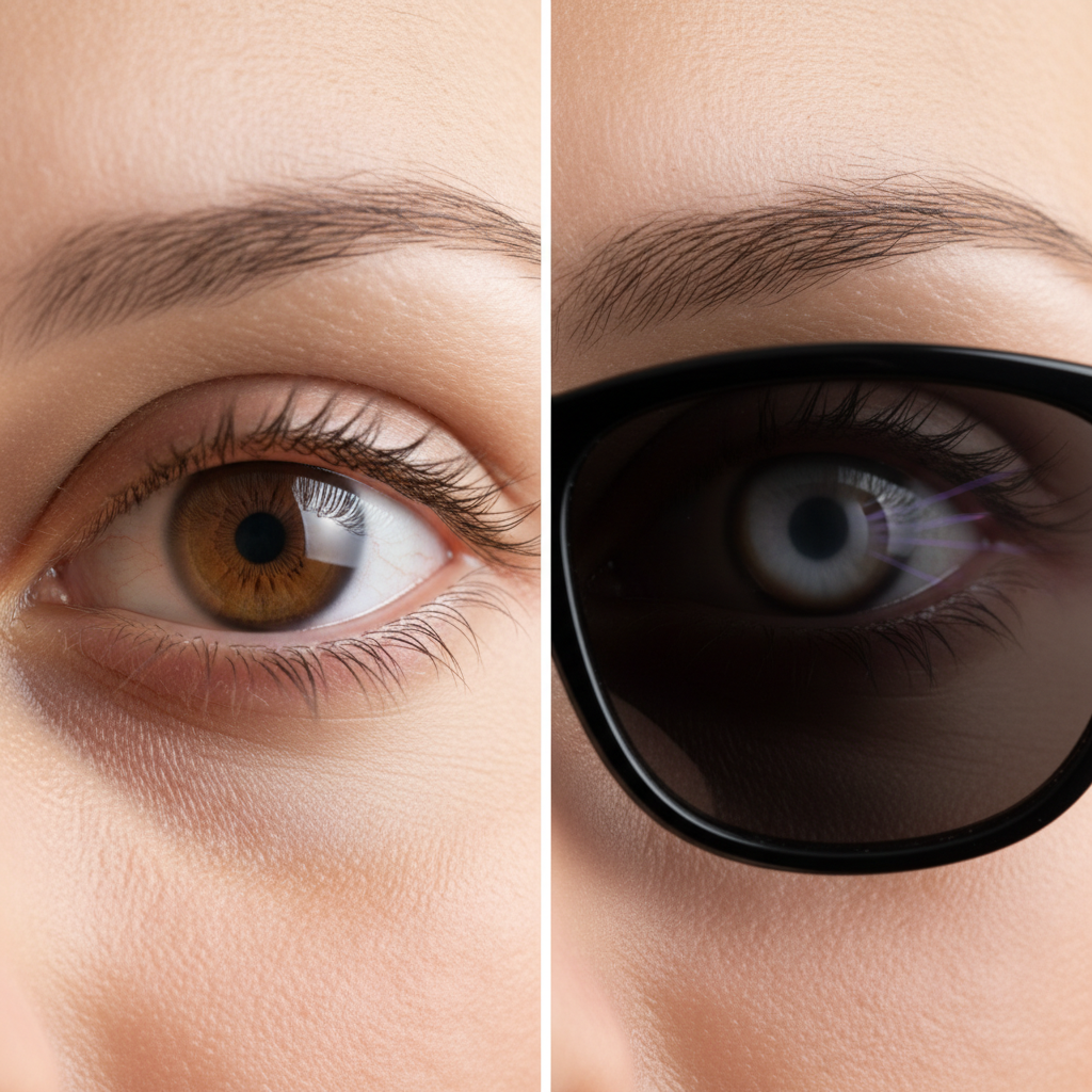 The Pupil Paradox: Visualizing how dark lenses without UV filters cause pupil dilation, increasing radiation exposure compared to the naked eye.