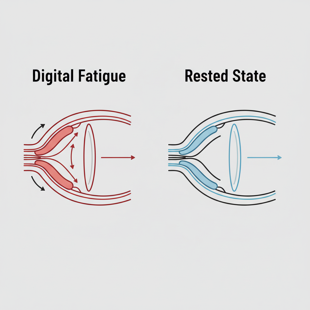 Diagram showing how the ciliary muscle strains during prolonged screen use.