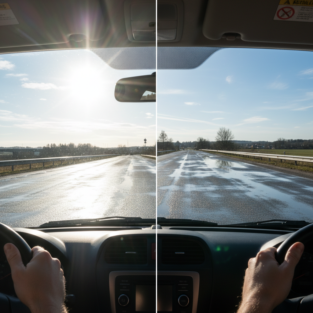 A split-screen image showing a bright, sunny road with blinding glare on the left, and the same road viewed through a mirrored polarized lens on the right, with the glare gone and details clear.