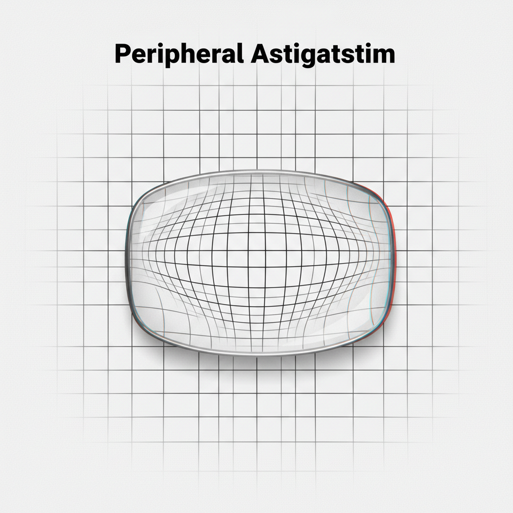 Illustration of peripheral astigmatism, showing how a curved lens distorts straight lines at the edges, a common issue for high prescription wearers.