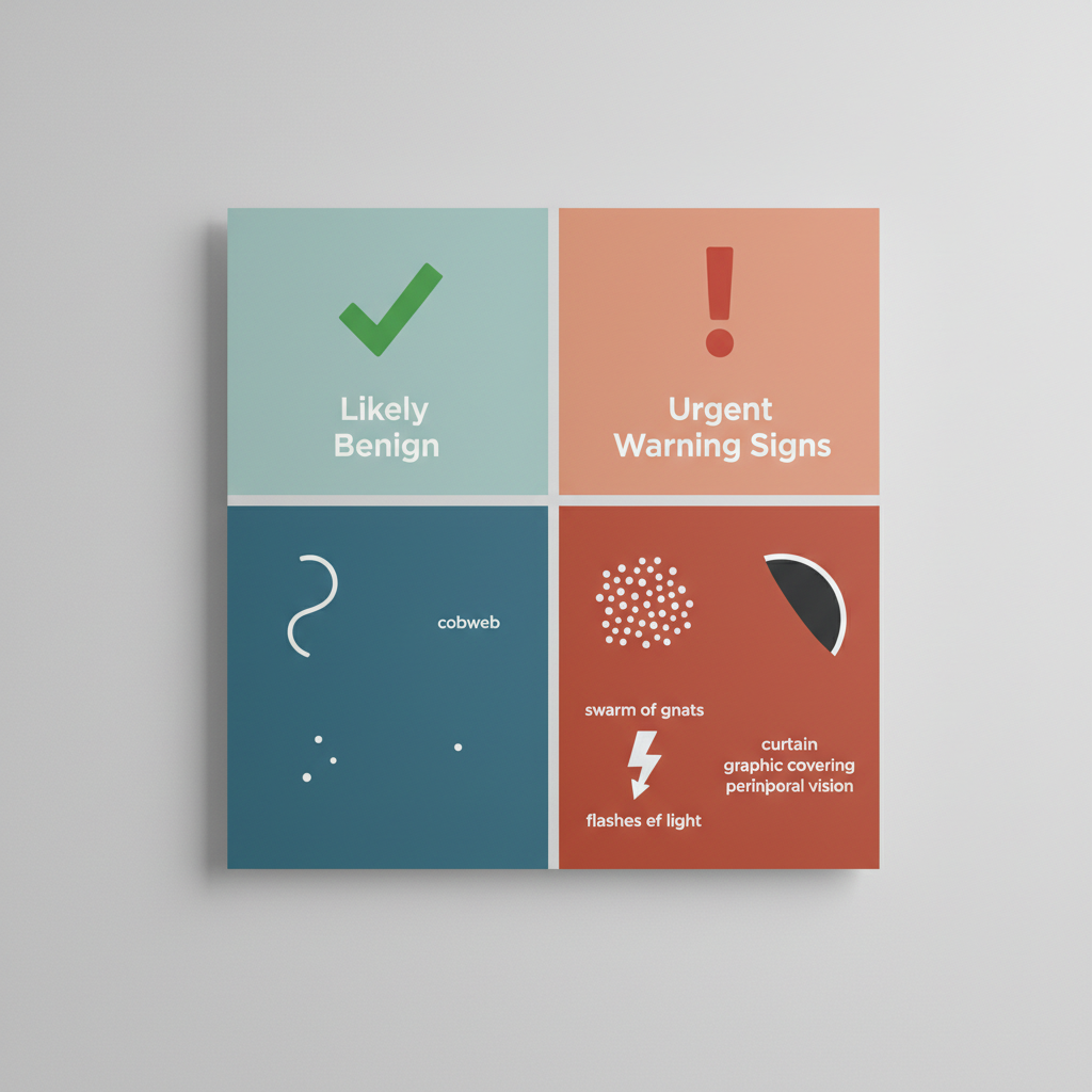 An infographic comparing benign eye floaters (cobwebs, dots) with urgent warning signs (a swarm of dots, flashes of light, a dark curtain in vision).