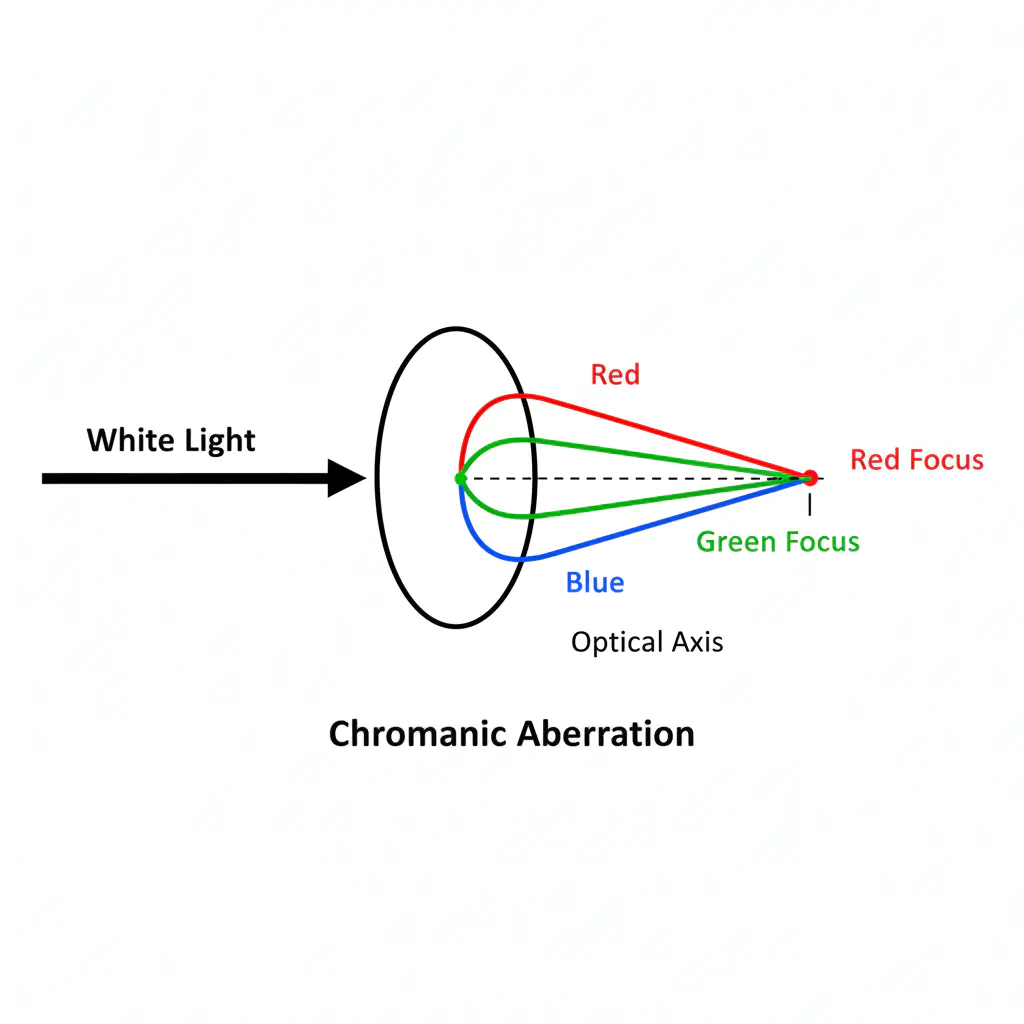A scientific diagram showing how chromatic aberration occurs when a lens fails to focus all colors of light to the same point.