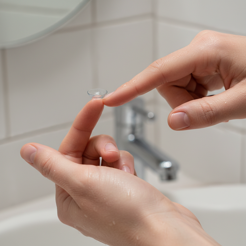 A person with clean, washed hands is shown carefully balancing a new daily disposable contact lens on their index finger before insertion.