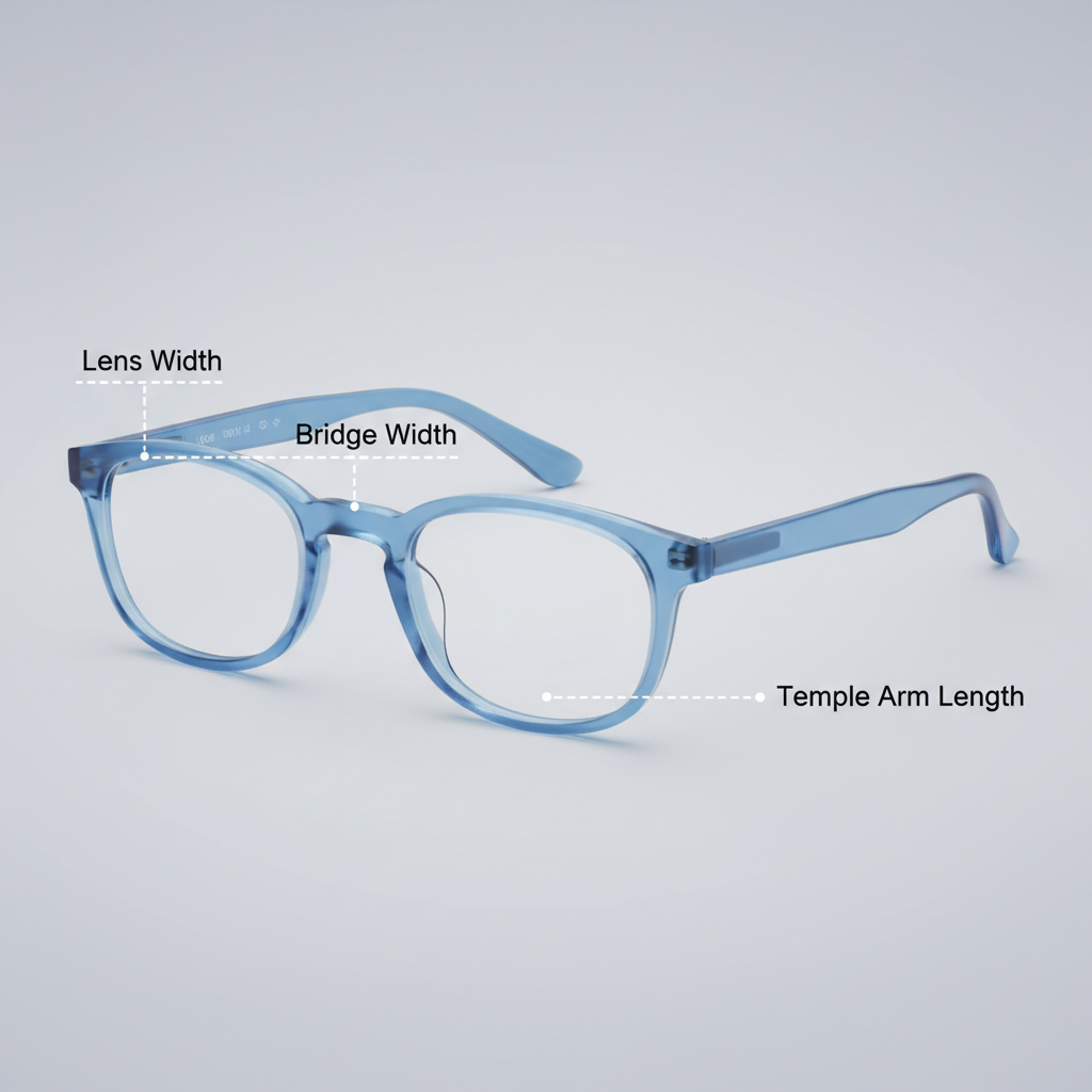 A diagram showing the key measurements on a pair of children's glasses, including lens width and bridge width.