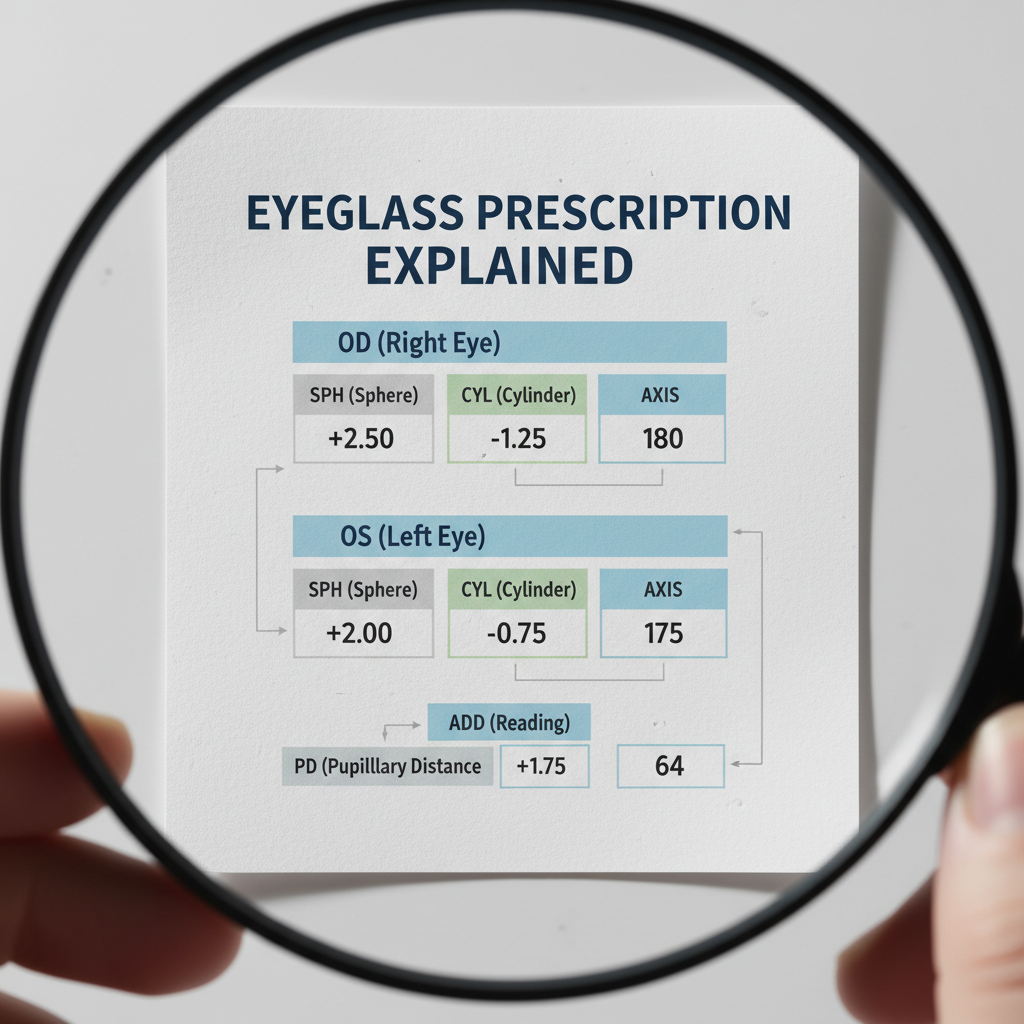An illustration showing how to read an eyeglass prescription, with labels for OD, OS, SPH, CYL, and AXIS.