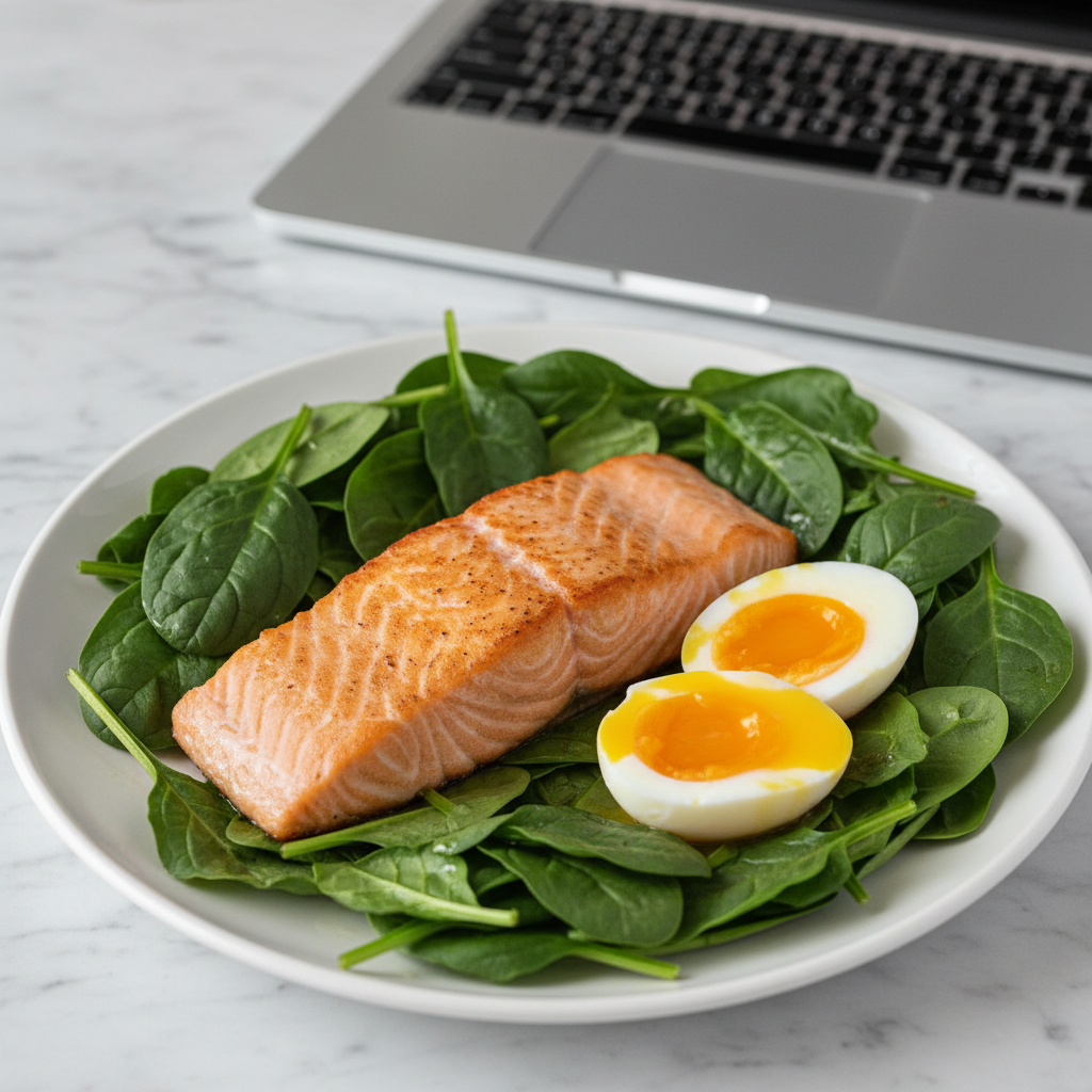 Close-up of eye-healthy ingredients like salmon, spinach, and eggs arranged on a lunch plate in an office setting.