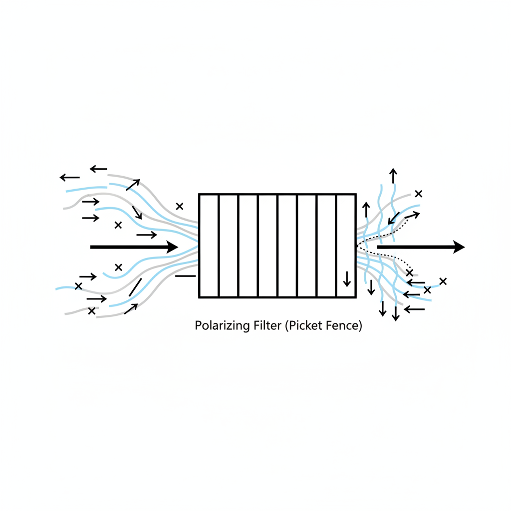 A simple diagram illustrating the picket fence analogy of polarization. Unpolarized light waves vibrating in all directions approach a vertical grid filter. Only the vertically-aligned light waves pass through, while horizontal waves are blocked.