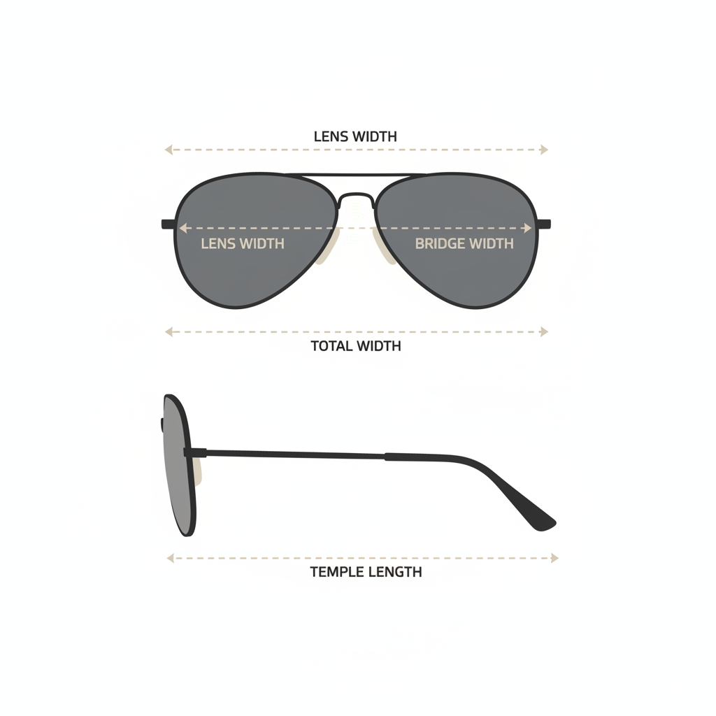 A diagram illustrating the key measurements on a pair of sunglasses: lens width, bridge width, and temple length.