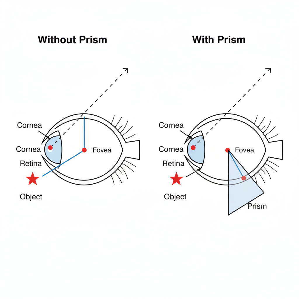 A simple diagram illustrating the function of a prism lens. On the left, it shows a misaligned eye straining to look at an object, with the light path missing the ideal spot on the retina. On the right, the same scene but with a prism lens placed before the eye. The prism visibly bends the light path, directing it to the correct spot on the retina, and the eye appears relaxed.