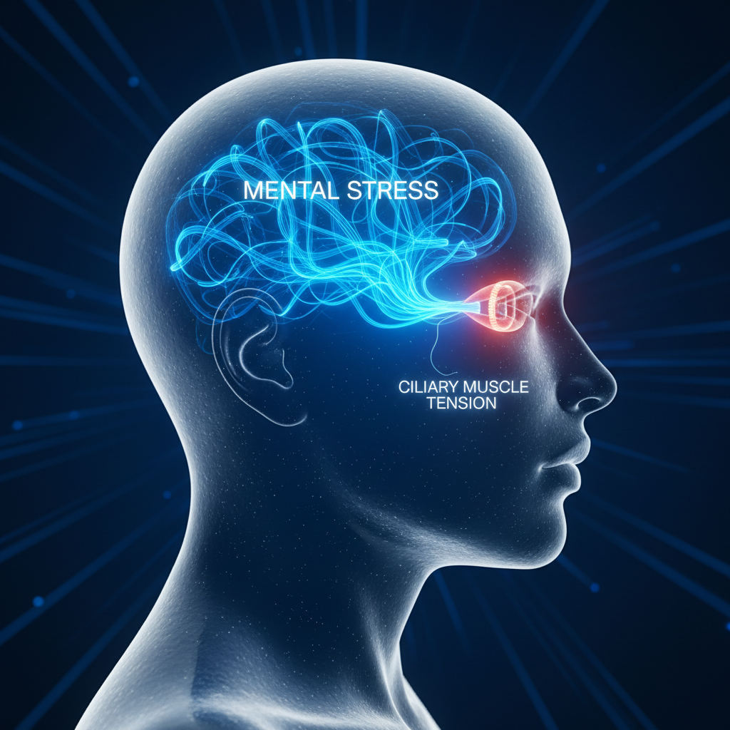 A diagram showing the connection between the brain, psychological stress, and the ciliary muscles of the eye tensing up.