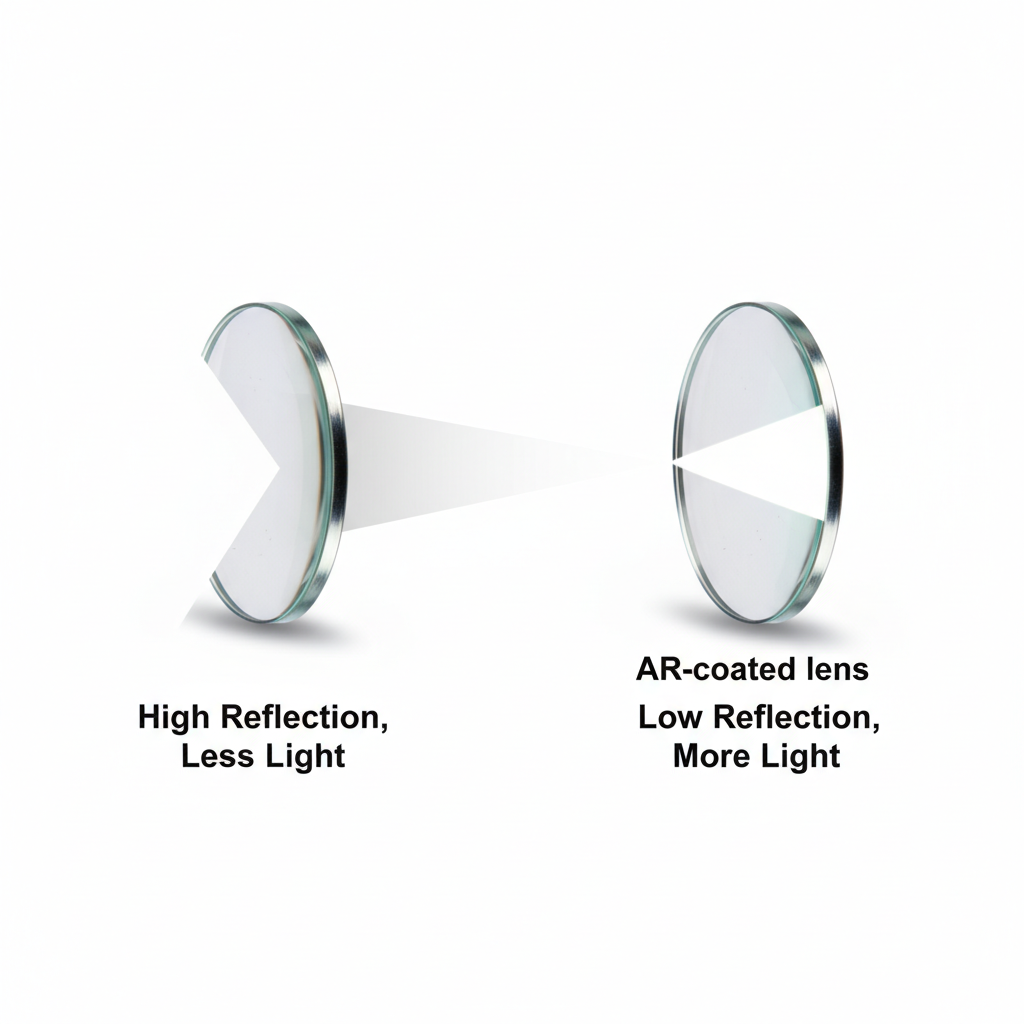 A diagram illustrating how an anti-reflective coating allows more light to pass through a lens while reducing reflections.