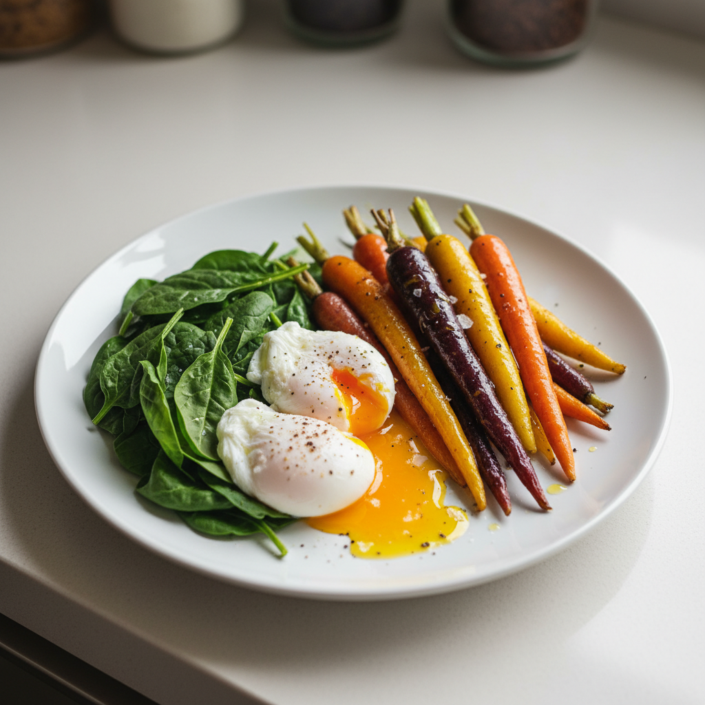 A variety of Vitamin A-rich foods like cooked carrots with olive oil, spinach, and egg yolks, emphasizing the importance of fat for absorption.