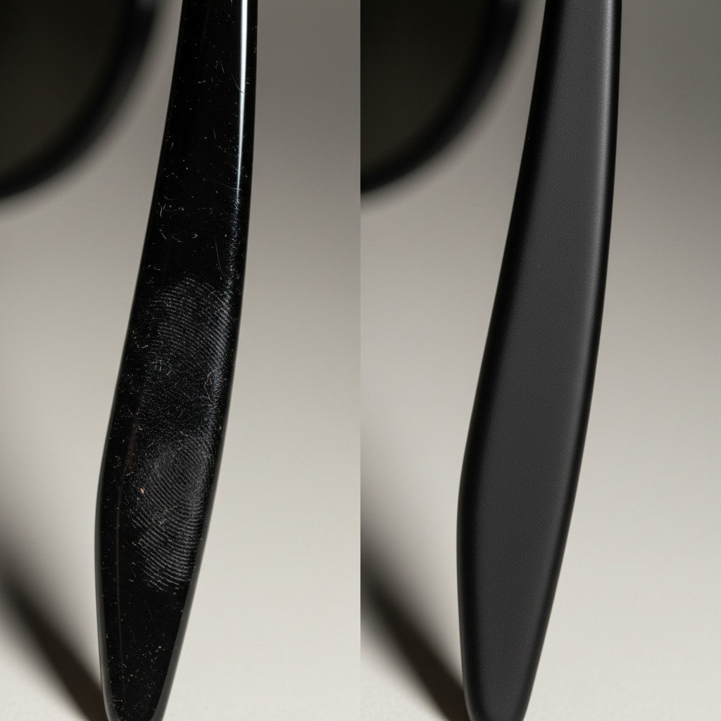 A close-up shot contrasting a fingerprint-smudged glossy glasses frame with a clean, pristine matte frame.