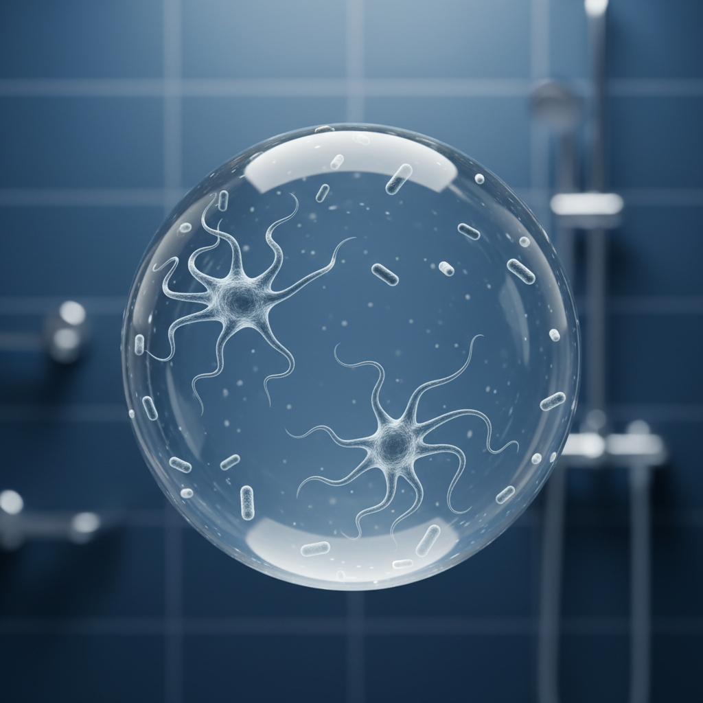 A microscopic view showing dangerous amoebas and bacteria present in a single drop of clear tap water, highlighting the invisible threat to contact lens wearers.