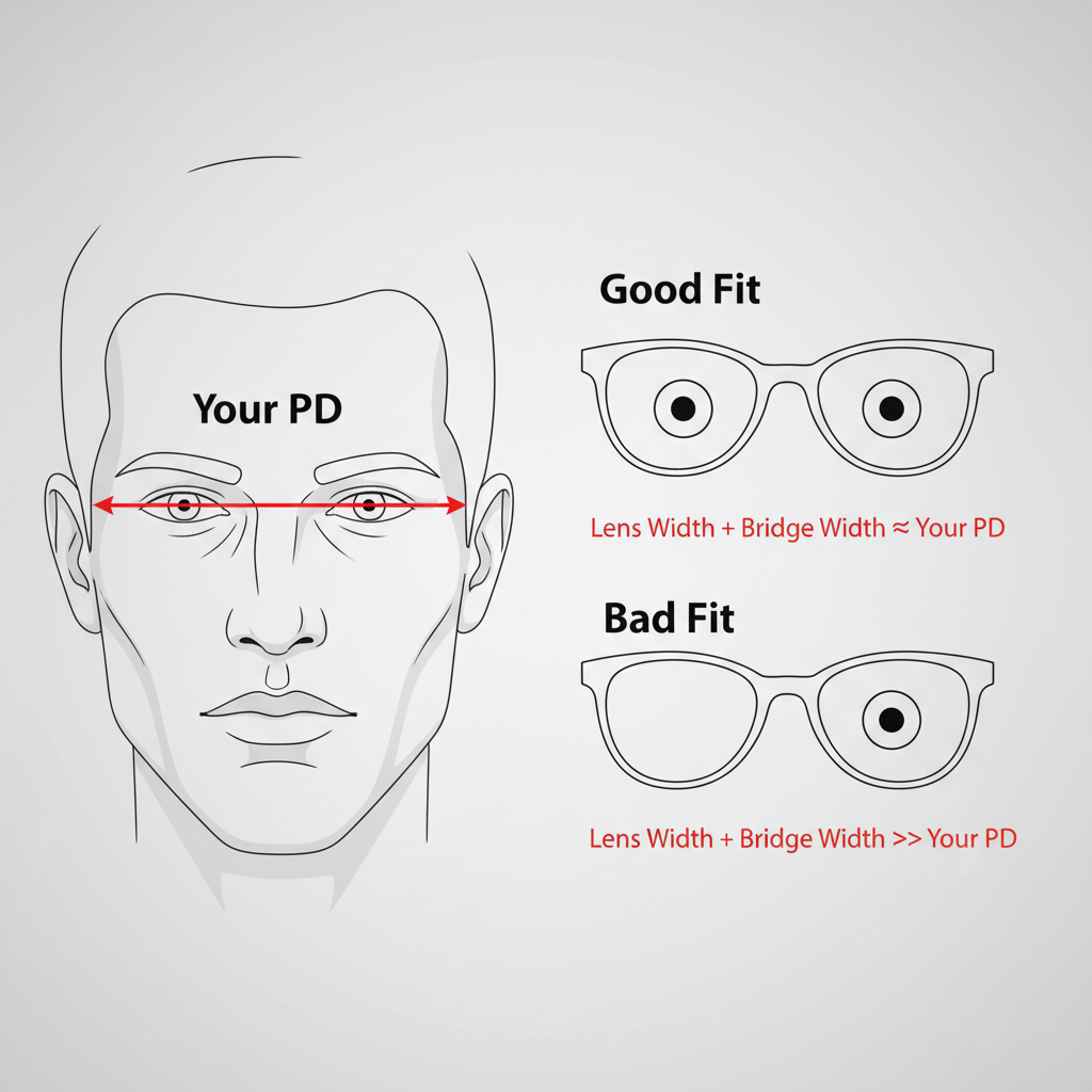 A diagram showing a man's face with pupillary distance marked, comparing it to the lens and bridge measurements of a sunglass frame to show a good fit versus a bad fit.