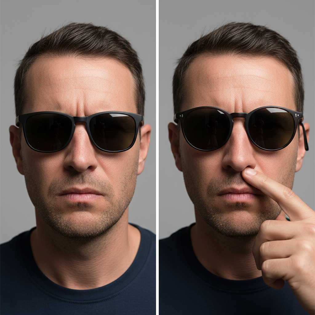 A comparison showing two common sunglass fit problems: temples that are too short causing pressure, and temples that are too long causing slipping.