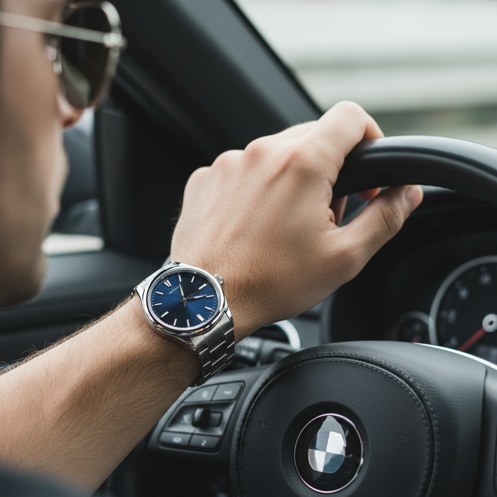 A close-up, detailed shot of a man's hand on a leather-wrapped steering wheel. He is wearing a classic silver watch with a blue face, and the silver metal temple of his aviator sunglasses is visible at the side of his head.