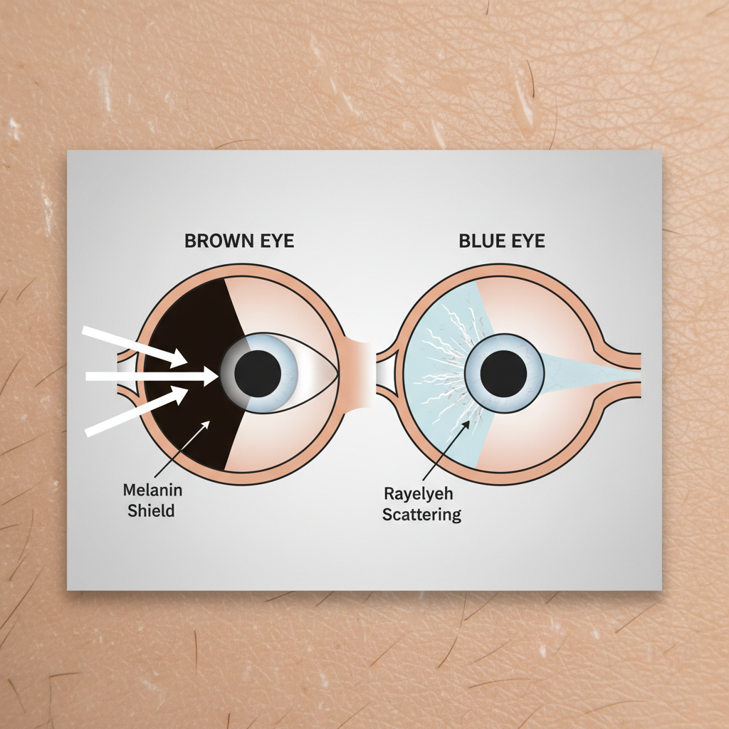 A clear, easy-to-understand scientific diagram comparing a brown eye and a blue eye in cross-section. The brown eye shows a thick, dark layer of melanin in the iris stroma, labeled "Melanin Shield," which is absorbing incoming light rays. The blue eye shows a much thinner, less pigmented layer, with light rays scattering within the iris and passing through to the back of the eye. Use clean lines and simple labels. educational infographic style.