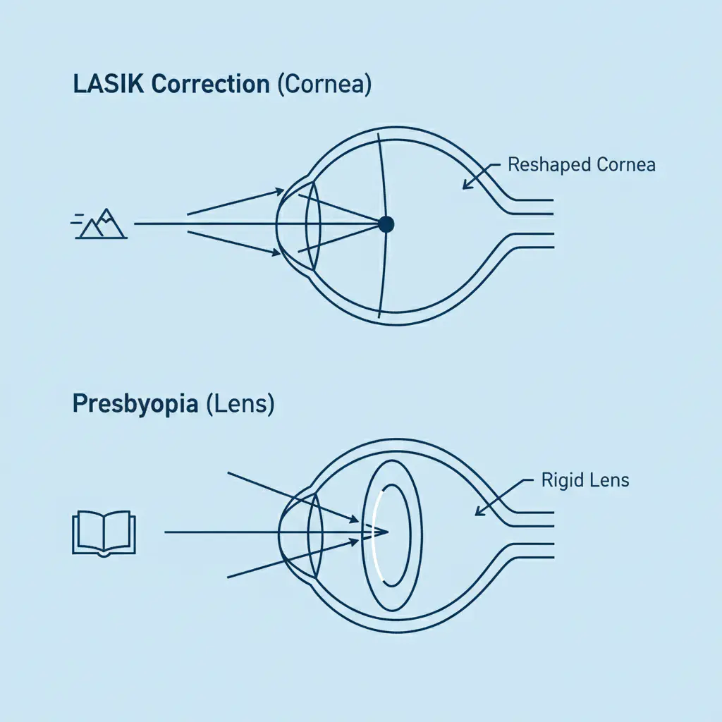 A diagram illustrating the difference between how LASIK corrects the cornea for distance vision and how presbyopia affects the internal lens for near vision.