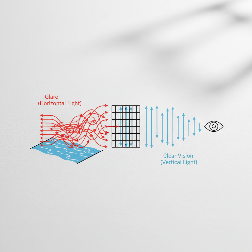 An illustrative diagram showing how a polarized lens filter blocks horizontal glare from a road surface while allowing vertical light to pass through, improving visual clarity.