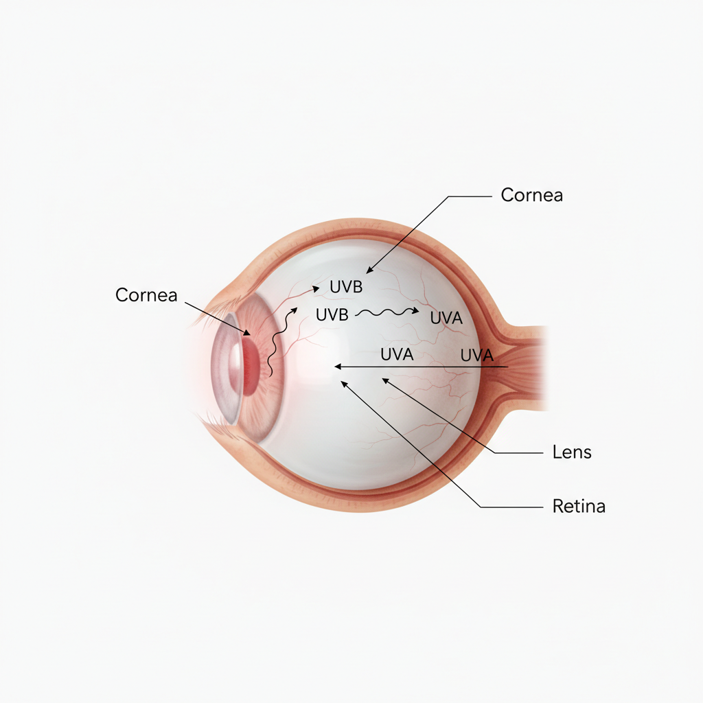 A medical illustration of the eye showing how UVB rays are absorbed by the cornea, causing damage.