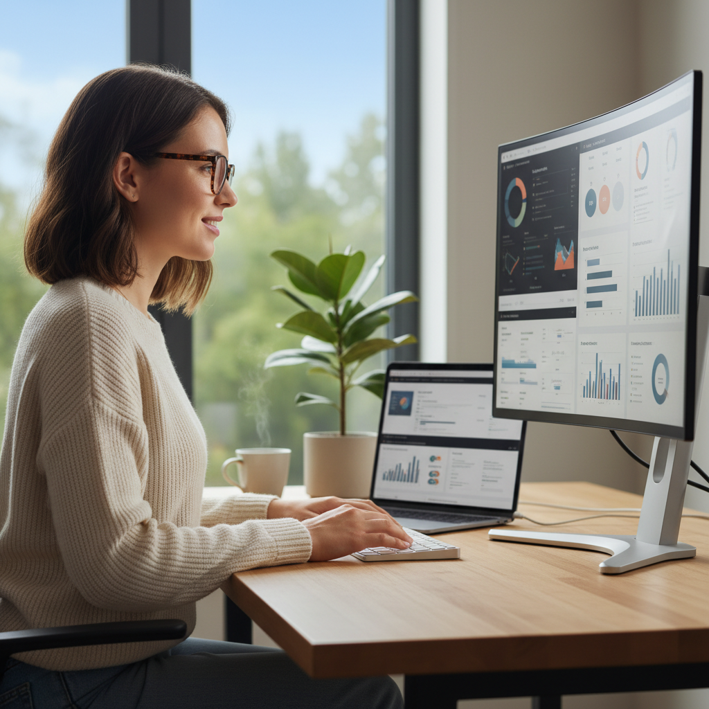 A bright, modern home office where a young professional woman is comfortably working on her laptop. She is wearing stylish glasses and has a relaxed posture. The workspace is ergonomic, with an external monitor, good lighting, and a plant in the background, conveying a sense of productivity and well-being.