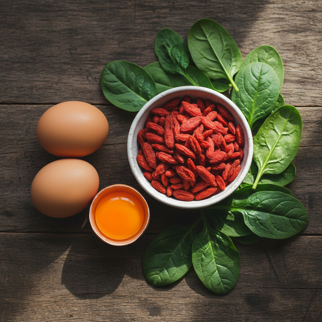 A flat-lay of key superfoods for eye health, including goji berries, rich egg yolks, and fresh spinach.