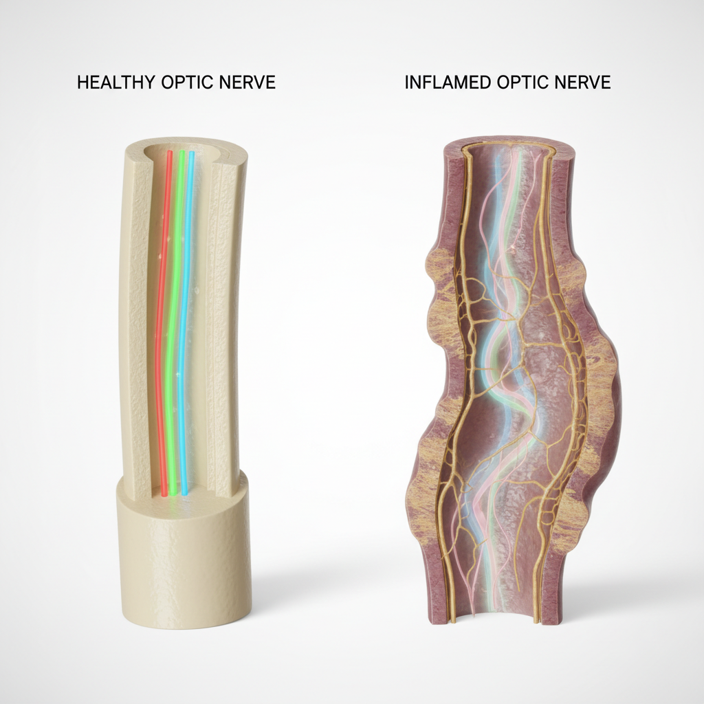 A clear, simple diagram comparing a healthy optic nerve to an inflamed one. The healthy nerve is shown as a thick, pristine cable transmitting bright, distinct red, green, and blue light signals. The inflamed nerve is swollen, with frayed signals that are muted and washed out, clearly illustrating the concept of signal disruption causing color desaturation.