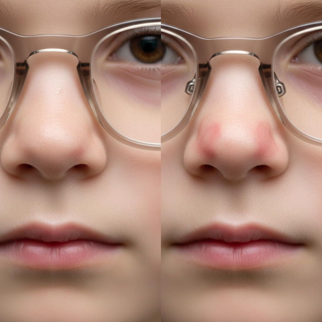 A split-image showing a correct glasses bridge fit versus an incorrect fit that leaves red marks on the nose.