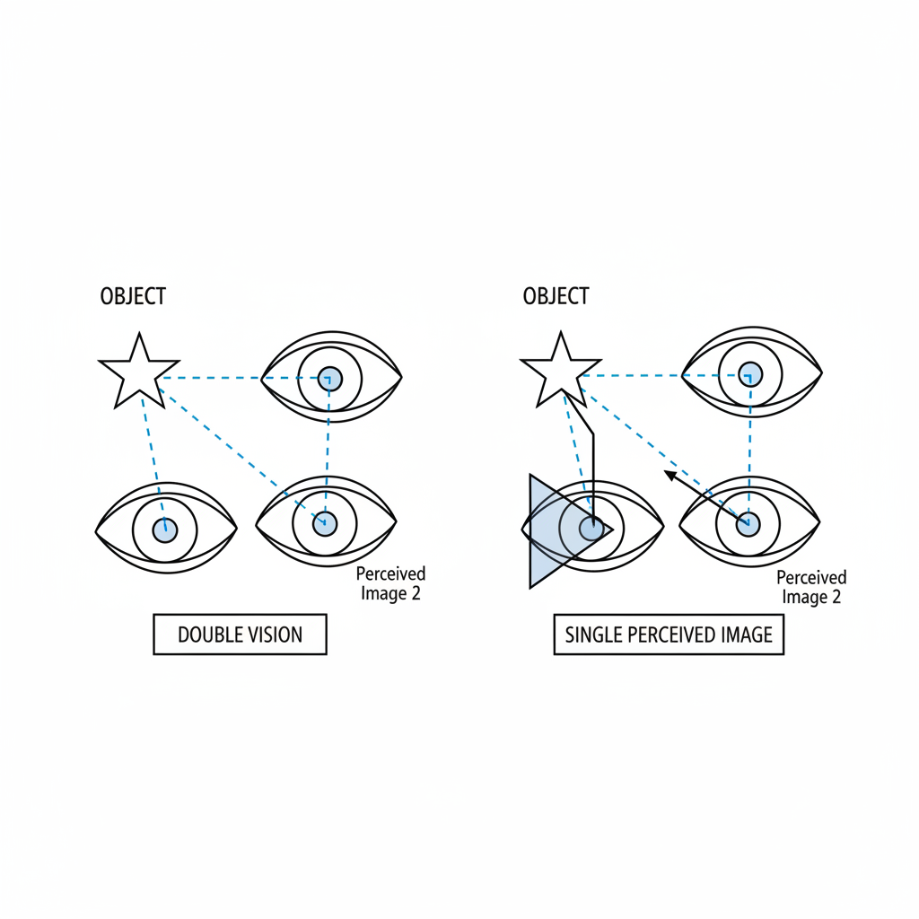 A diagram explaining how a prism lens works for double vision. The illustration shows a single object with two light paths heading toward misaligned eyes, creating two perceived images. A prism lens is placed in front of one eye, bending the light path so that both images align on the correct part of the retina, resulting in a single perceived image.