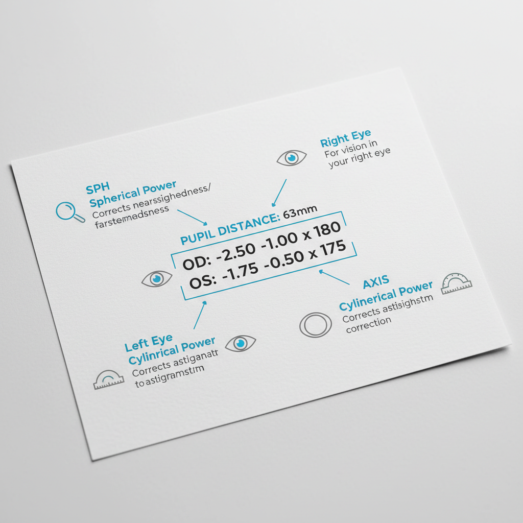 An infographic explaining the terms on an eyeglass prescription, such as OD, OS, SPH, and CYL.