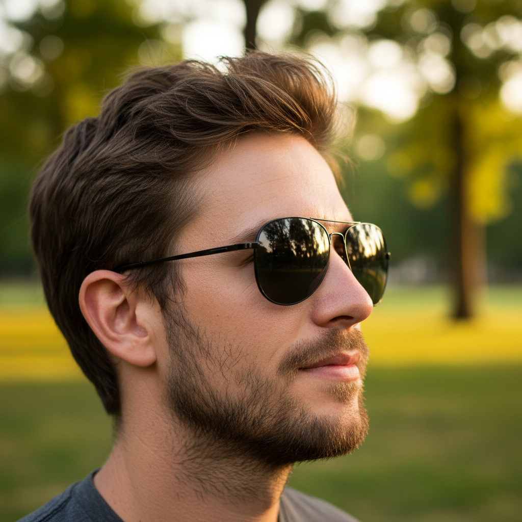 A side profile of a man showing sunglasses slipping down his nose, illustrating a poor fit due to incorrect temple length or bridge size.