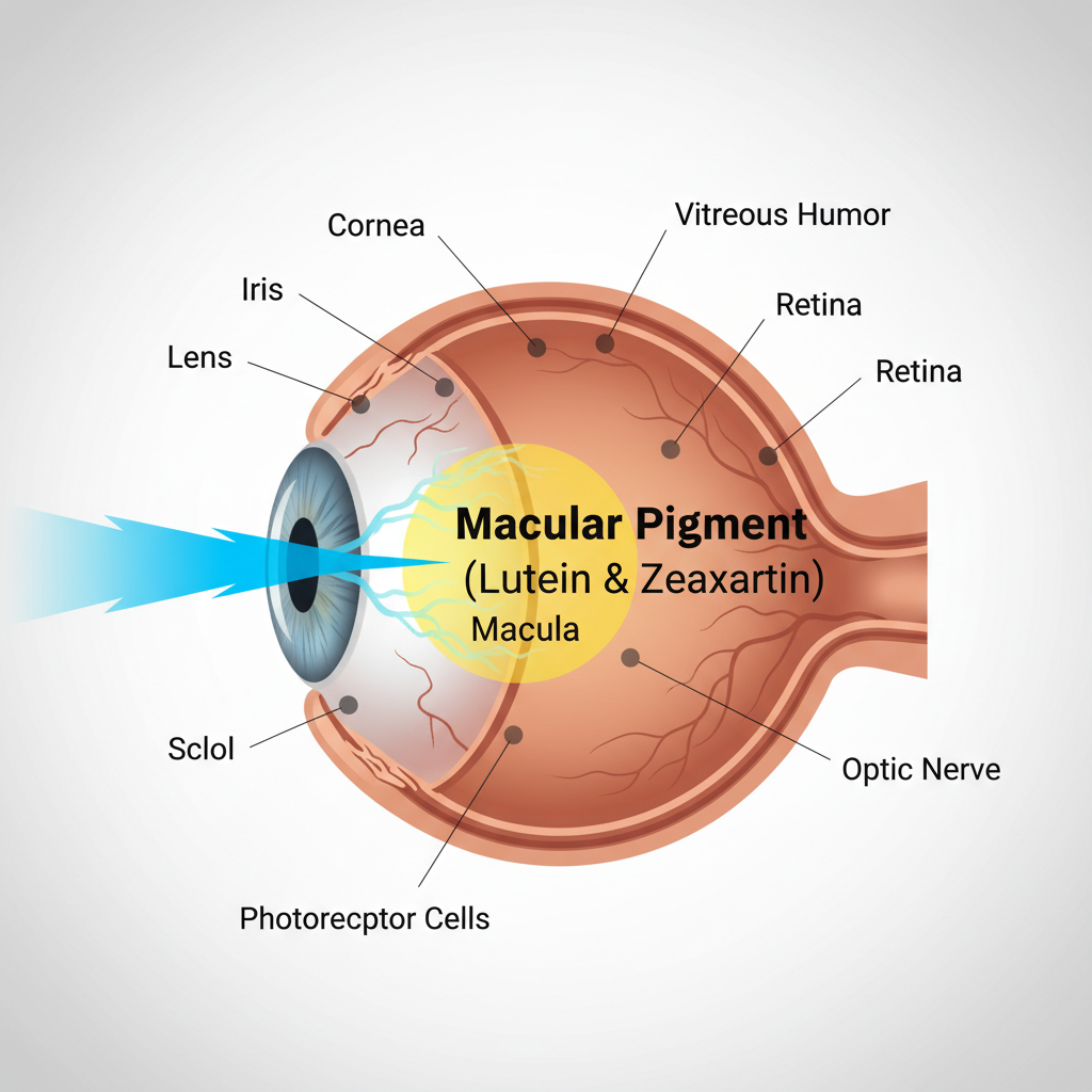 A detailed anatomical illustration of the human eye, cross-sectioned to reveal the retina and macula. A bright blue light ray is shown being intercepted and absorbed by a glowing yellow layer representing the macular pigment (lutein and zeaxanthin), preventing the light from hitting the delicate photoreceptor cells behind it.