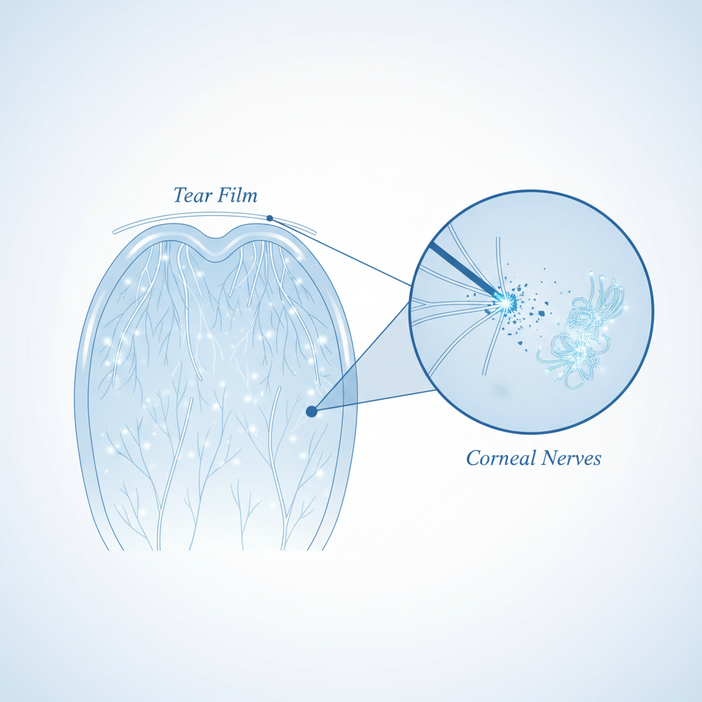 A diagram illustrating how LASIK surgery can disrupt corneal nerves, leading to dry eye syndrome.
