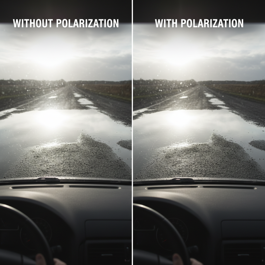 A comparison showing how polarized lenses cut down on dangerous road glare for drivers.