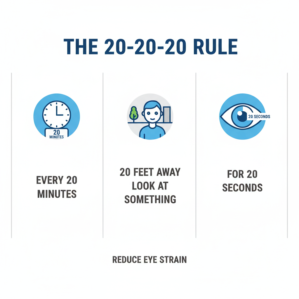 A simple, clear infographic illustrating the 20-20-20 rule for reducing eye strain.