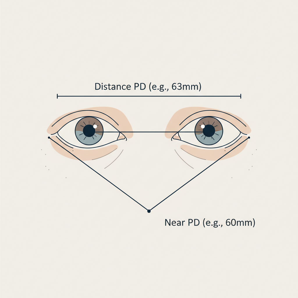 A graphic illustrating the difference between distance PD (wider) and near PD (narrower) as a person's eyes converge to look at a smartphone.