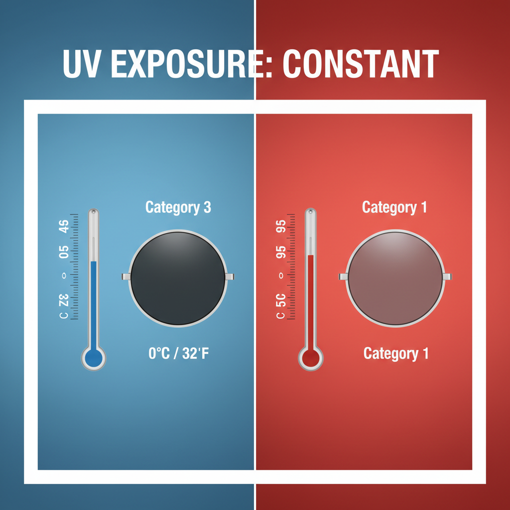 A graphic comparing photochromic lens performance in different temperatures. On the left, a thermometer shows a cold temperature next to a very dark gray eyeglass lens. On the right, a thermometer shows a hot temperature next to a much lighter gray lens.