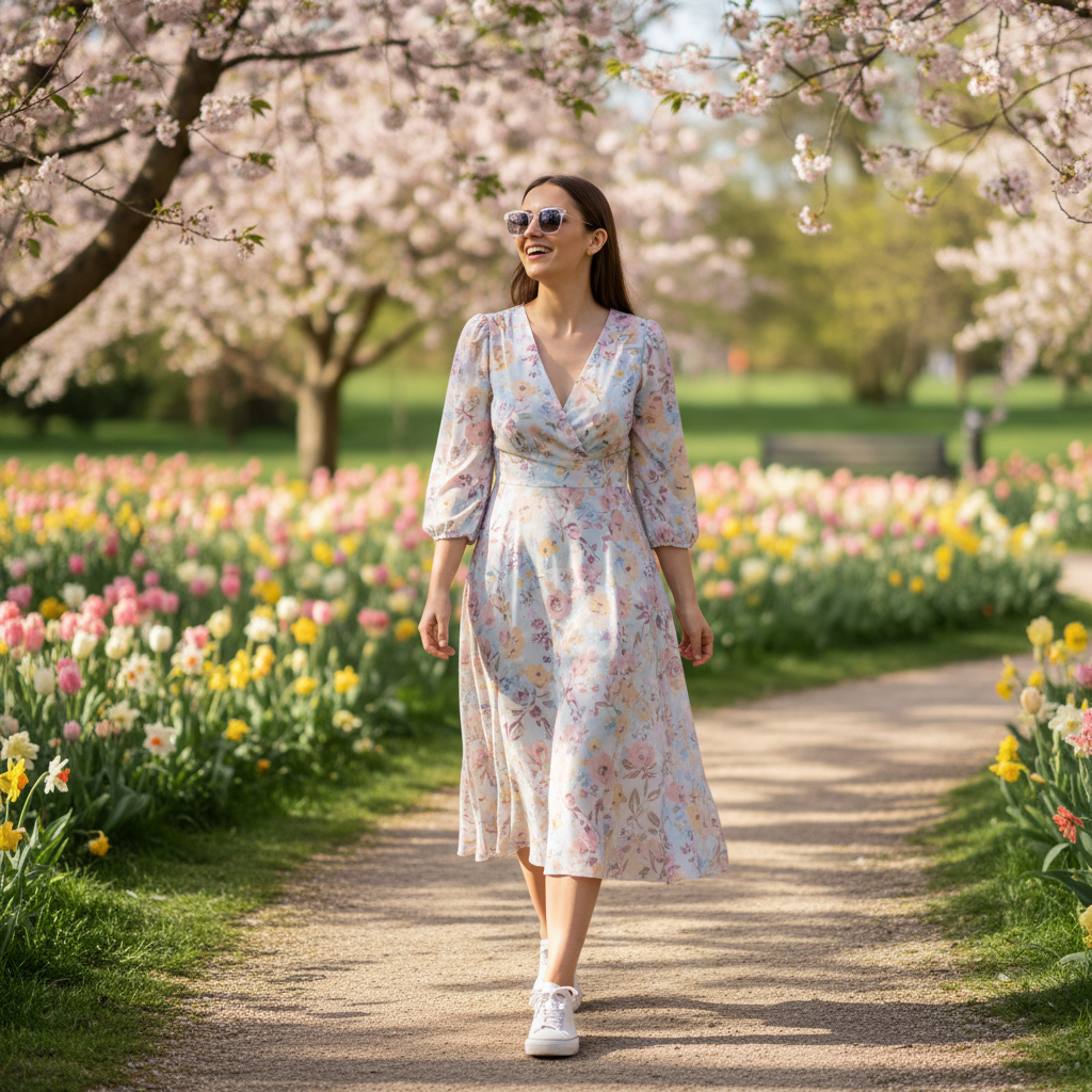 A stylish person wearing clear frame sunglasses and a pastel floral dress, walking through a sun-dappled park in the spring.